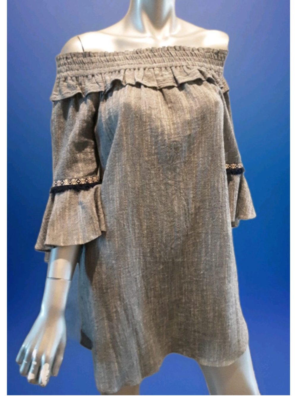MISA Vanessa Off the Shoulder Bell Sleeve Chambray Mini Dress in Blue Size S